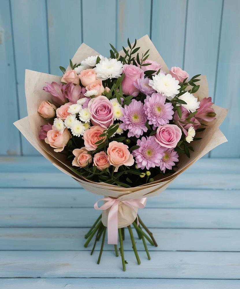Букет цветов из: Хризантемы, Розы и Альстромерии в Дубинино