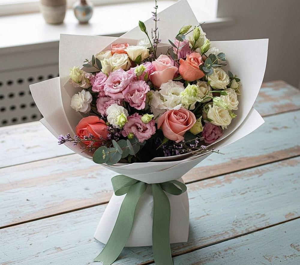 Букет цветов из: Розы, Лизиантусы и Гвоздики в Дубинино