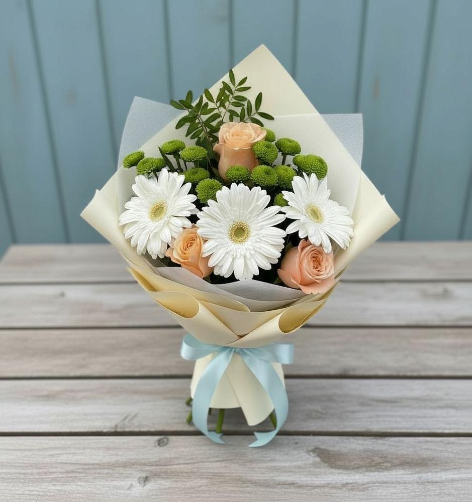 Букет цветов из: Герберы, Розы и Хризантемы в Дубинино